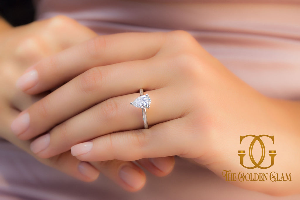 Pear Shaped Engagement Ring, Carat Solitaire Engagement Ring, Teardrop Ring, 14K White Gold Ring, Simulated Diamond Pear Cut Ring