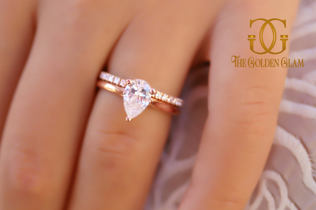 Pear Shaped Engagement Ring Set, Solitaire Engagement Ring Set, Pear Shaped Wedding Set, Bridal Ring Set, Solid Rose Gold Pear Cut Ring