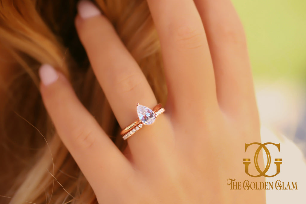 Pear Shaped Engagement Ring Set, Solitaire Engagement Ring Set