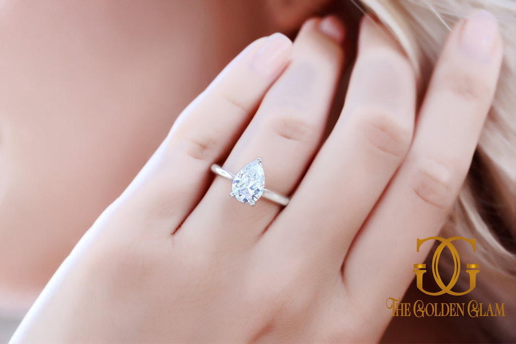 2.0 Carat Pear Shaped Engagement Ring , Simulated Diamond Pear Shaped Wedding Ring, 14K White Gold, Solitaire Pear Cut Ring, Tear Drop Ring 15