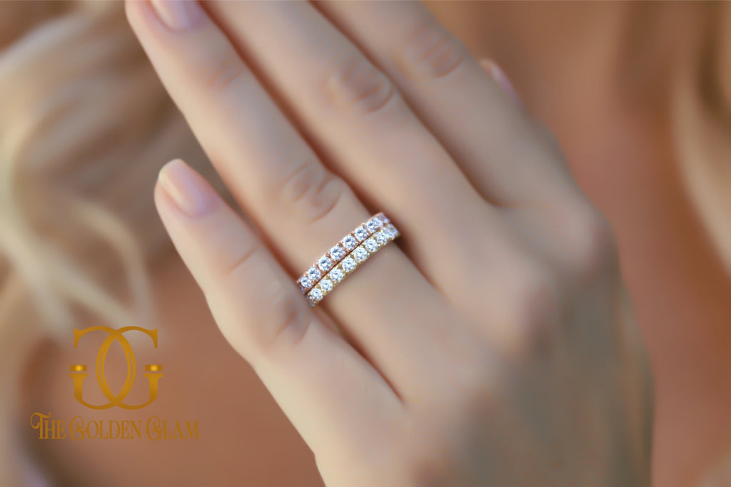 Diamond Wedding Bands Women, Stacking Rings, Set of two Rings, 14K Gold Rings, Half Eternity Wedding Bands, Matching Bands, Rings for woman