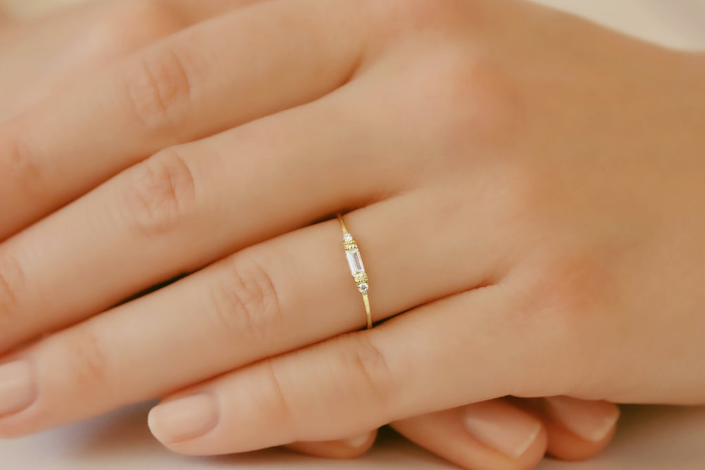 Baguette Ring/ Wedding Rings Women/ Dainty Rings/ CZ Rings/ 3 Stone Ri –  The Golden Glam